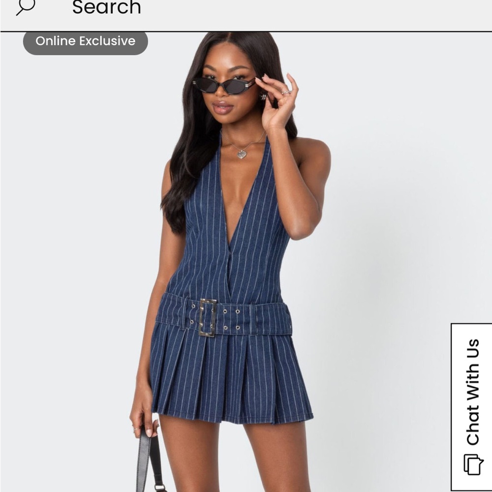 Edikted Belted Pinstripe Denim Mini Dress